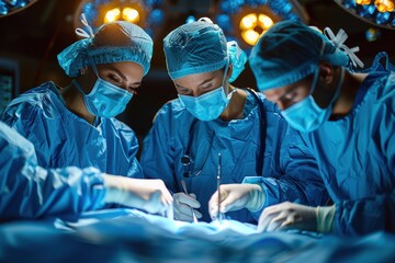 A group of medical professionals dressed in blue scrubs and surgical masks are intensely focused on performing a procedure on a patient in a state-of-the-art operating room.