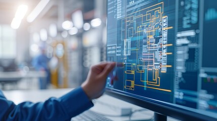 A person is pointing at a computer screen with a bright yellow line