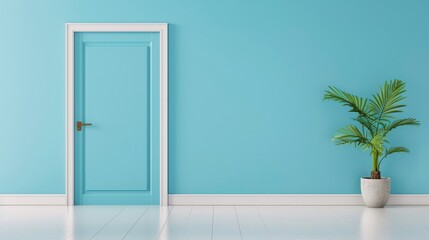 A white door with a brown handle sits in front of a white building