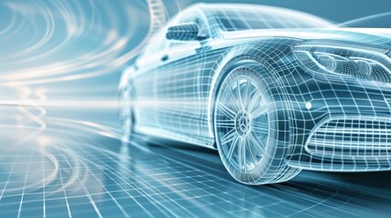 A red car with a blue and white design is speeding down a highway