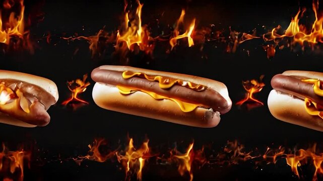 Hot Dogs with Mustard on Fire Background