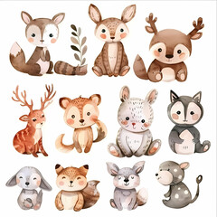 Obraz premium Watercolor Icon Set of Cute Animals: Doodle Forest Collection