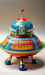 retro UFO toy with HAPPY BIRTHDAY text