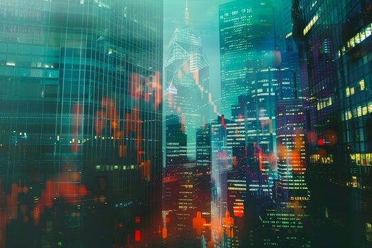 Stock market graphs blended with skyscrapers in a mesmerizing double exposure