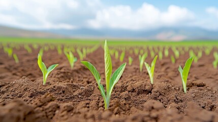 A row of green plants are growing in the dirt