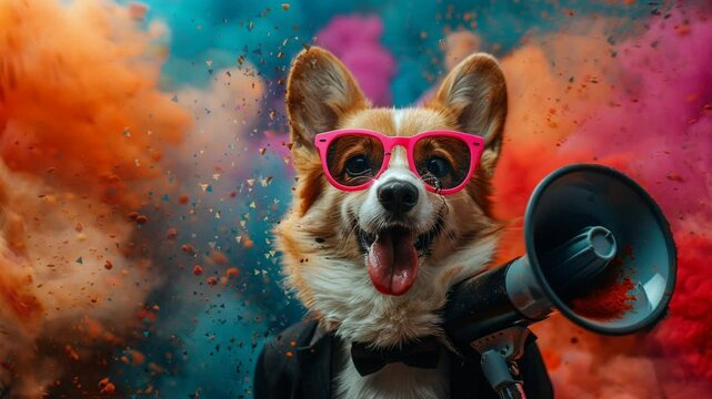 Fashionable corgi Wearing tuxedo and Sunglasses Holding Megaphone Against colorful cloud Background