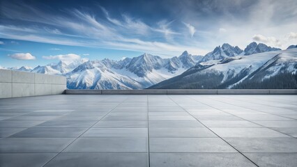 Empty Concrete Terrace with Stunning Snow Mountain View, Landscape, Nature, Winter, Mountain Range
