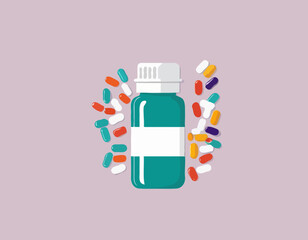 Pill bottle with various pills and capsules