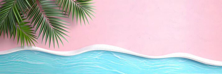 Minimalist tropical beach scene with palm leaves, pink wall, and clear blue water, perfect for summer backgrounds and travel themes.