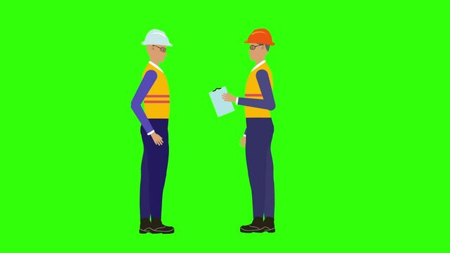Cartoon man engineers character making construction plans green screen