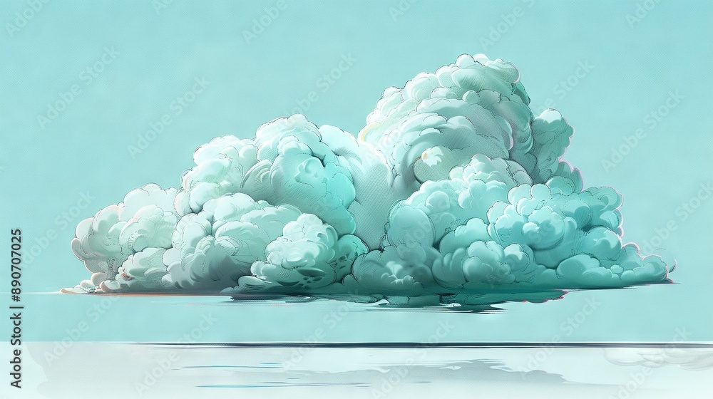 Poster   Group of clouds drifting above tranquil water beneath azure sky with fluffy white clouds