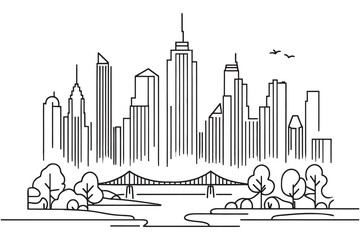 Modern cityscape one line vector drawing. Metropolis architecture panoramic view. New York skyscrapers hand drawn silhouette.