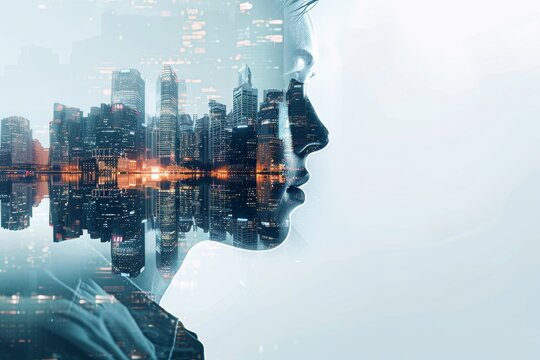 Business concepts merged with cityscape in a dynamic double exposure