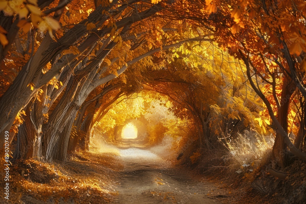 Poster a path through a forest with trees on either side