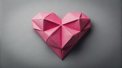 Geometric Pink Origami Heart on Grey Background, origami , heart, paper, love , valentine's day