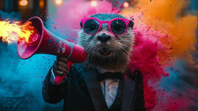 Fashionable otter Wearing tuxedo and Sunglasses Holding Megaphone Against colorful cloud Background