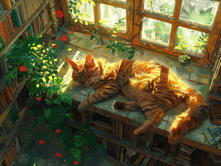 A vivid illustration of a cat napping on a windowsill, serene expression, top-down view.