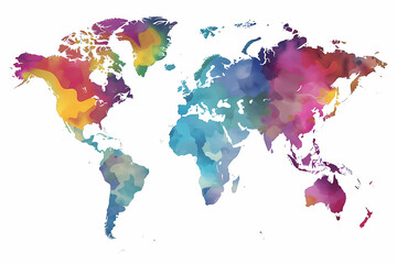 World atlas in watercolour made from purples, blues, yellows greens and oranges