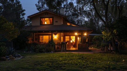Cozy Evening Home Exterior with Warm Lighting, Nature Surroundings, Perfect for Security Ads