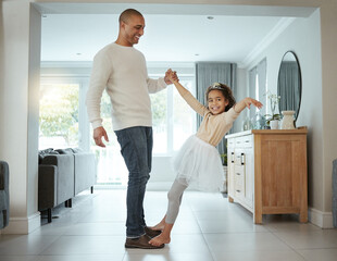 Girl, dad and happy in home with dancing on feet for support, teaching or learning new ballet move. Dancer, daughter and father with holding hands for bonding, parenting or princess costume in lounge