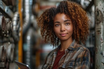A confident woman stands in an industrial setting holding a tablet, signifying modern work, technology, and female empowerment within manufacturing environments.