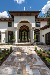 Obraz premium Spanish style home with white and black exterior, dark brown accents, and paver driveway