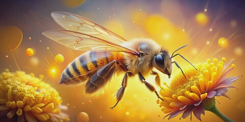 Naklejka premium Honey Bee on Flower, Digital Art, Close-Up, Nature, Insect, Pollen, Macro