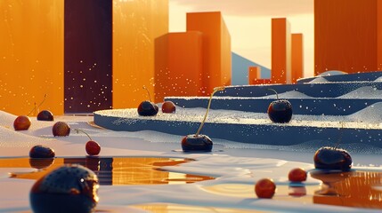  Orange and blue buildings surround a body of water with floating balls