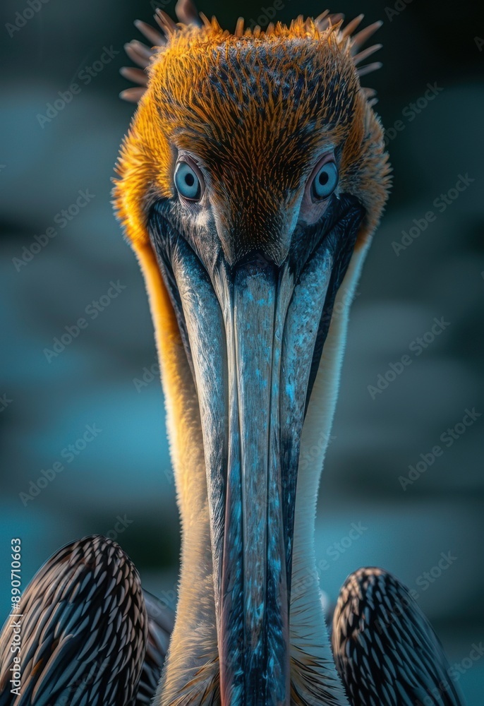 Wall mural close-up of pelican's head against blue background. front view.