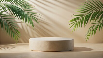 Minimalist Beige Platform with Palm Leaves, 3D Render, Product Display, Mockup, Minimalism, Beige Background, Product Photography