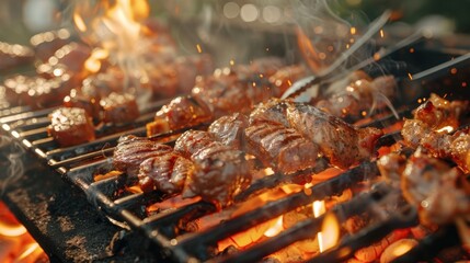 Delicious BBQ Variety Sizzling on Grill over Glowing Charcoal - Perfect for Summer Cookout Themes