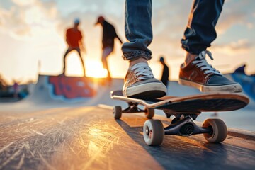 A group of friends skateboarding in a skatepark