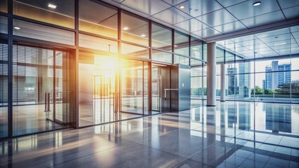 Modern Office Lobby with Glass Doors and Cityscape View, office building, interior design, architecture, skyscraper