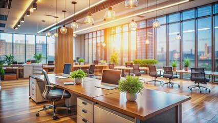 Fototapeta premium Modern Office Workspace with Sunlight and City Views, Office, Workspace, Design, Modern