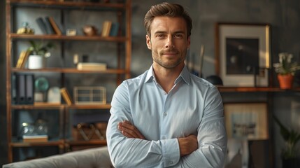 Fototapeta premium Businessman standing confidently, arms crossed, professional office, shelves, modern decor.