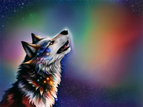 Abstract night sky with a howling wolf
