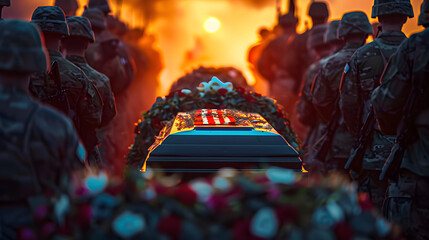 A flag-draped casket borne by a military honor guard amidst a memorial service with a blurred background offering copy space