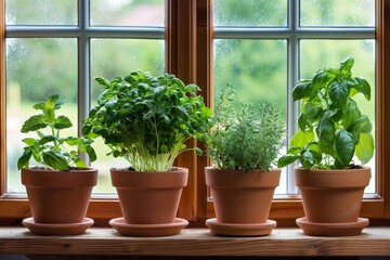 A selection of fresh herbs arranged in terracotta pots, adding greenery to a kitchen window