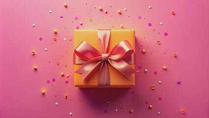 Obraz premium Orange Gift Box with Pink Bow and Confetti, Gift , Celebration , Present , Birthday