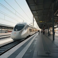 Fototapeta premium A modern train station at sunrise. A white high-speed train stands at the platform. The station is decorated with curved metal beams and glass, and signs point to technological progress.