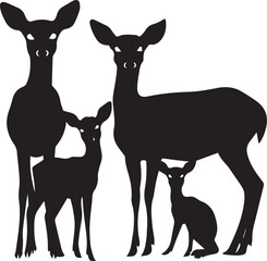 Deer with family black silhouette on white background 