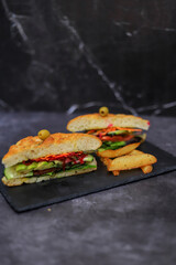 Sandwich panini con guarnición de papas a la francesa en fondo negro