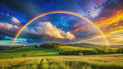 Naklejka premium Rainbow Over Rolling Hills at Sunset, landscape, nature, photography, rainbow