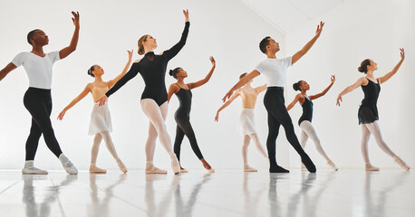Group, ballet dancers and class with teacher for performance, routine or choreography in studio....