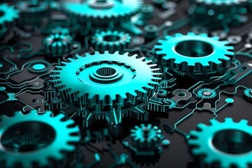 Minimalist Digital Technology Background with Teal Gears and Cogs on Black, Ideal for Advanced Engineering Innovation