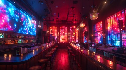 An avant-garde beer garden with shifting holographic decor and bioluminescent brews, bustling with patrons 