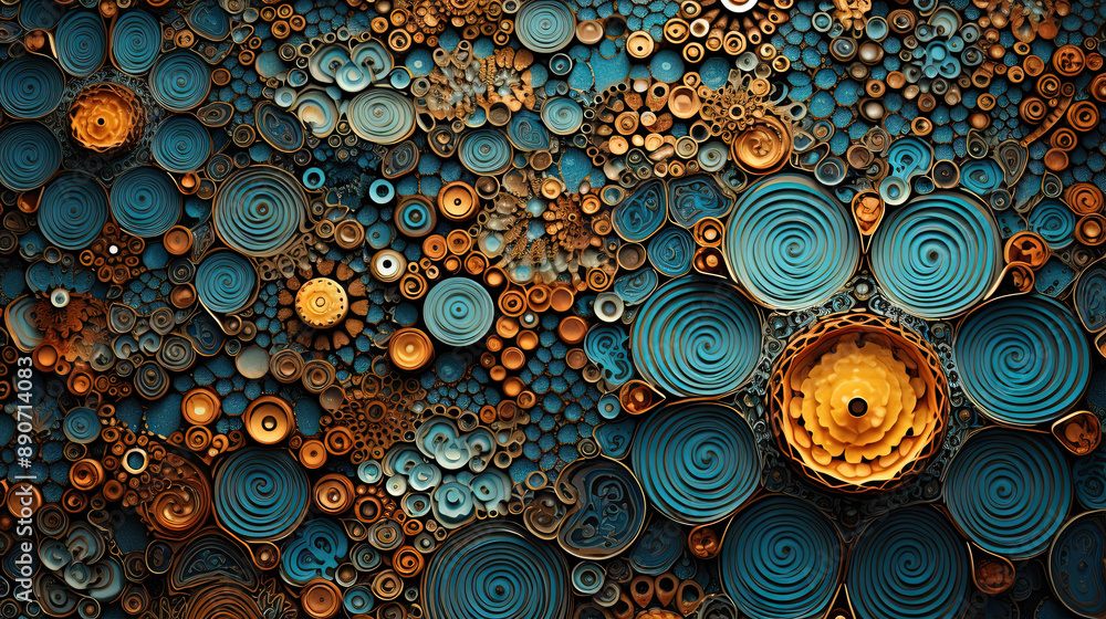 Poster abstract fractal ornament with floral elements and dotted texture.