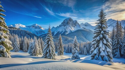 Obraz premium Snow-Covered Pines in a Winter Wonderland, Mountains, Snow, Forest, Blue Sky