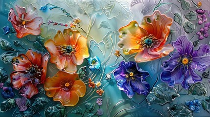   A detailed photo of a flower painting on a blue and white canvas, featuring vibrant blooms in the center