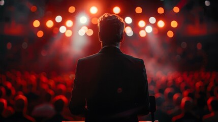 Rear view of performer on stage under bright lights facing audience in a packed theater, creating a vibrant, energetic atmosphere.